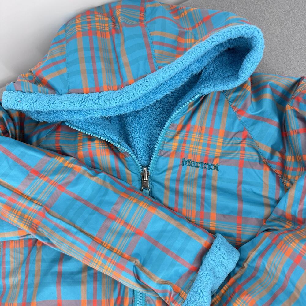 Marmot Jacket Youth Large Blue Plaid Reversible Fleece Hooded Zip Coat Warm